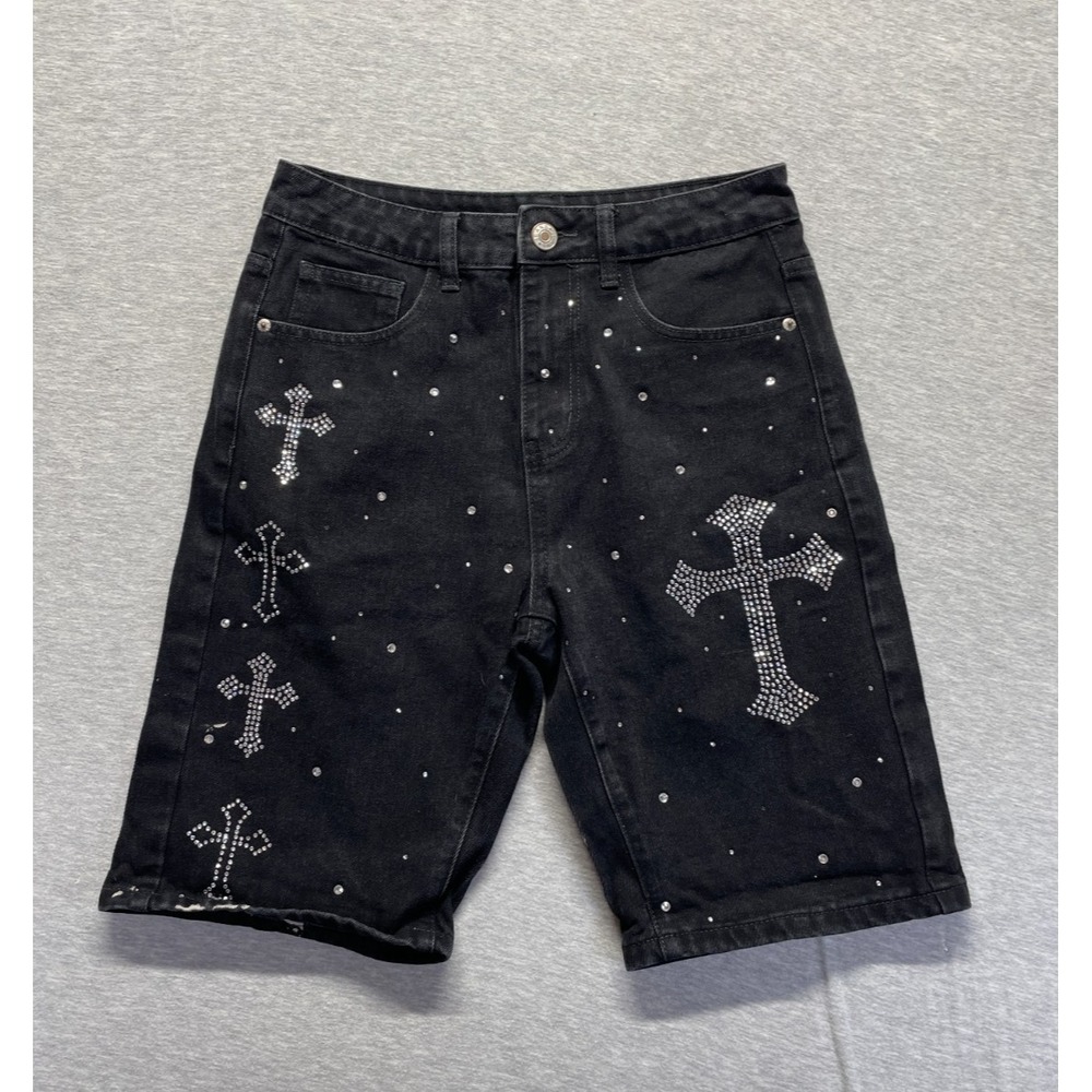 Mens Shorts 28 Black Dark Wash Denim Embellished Rhinestone Cross Cotton Casual